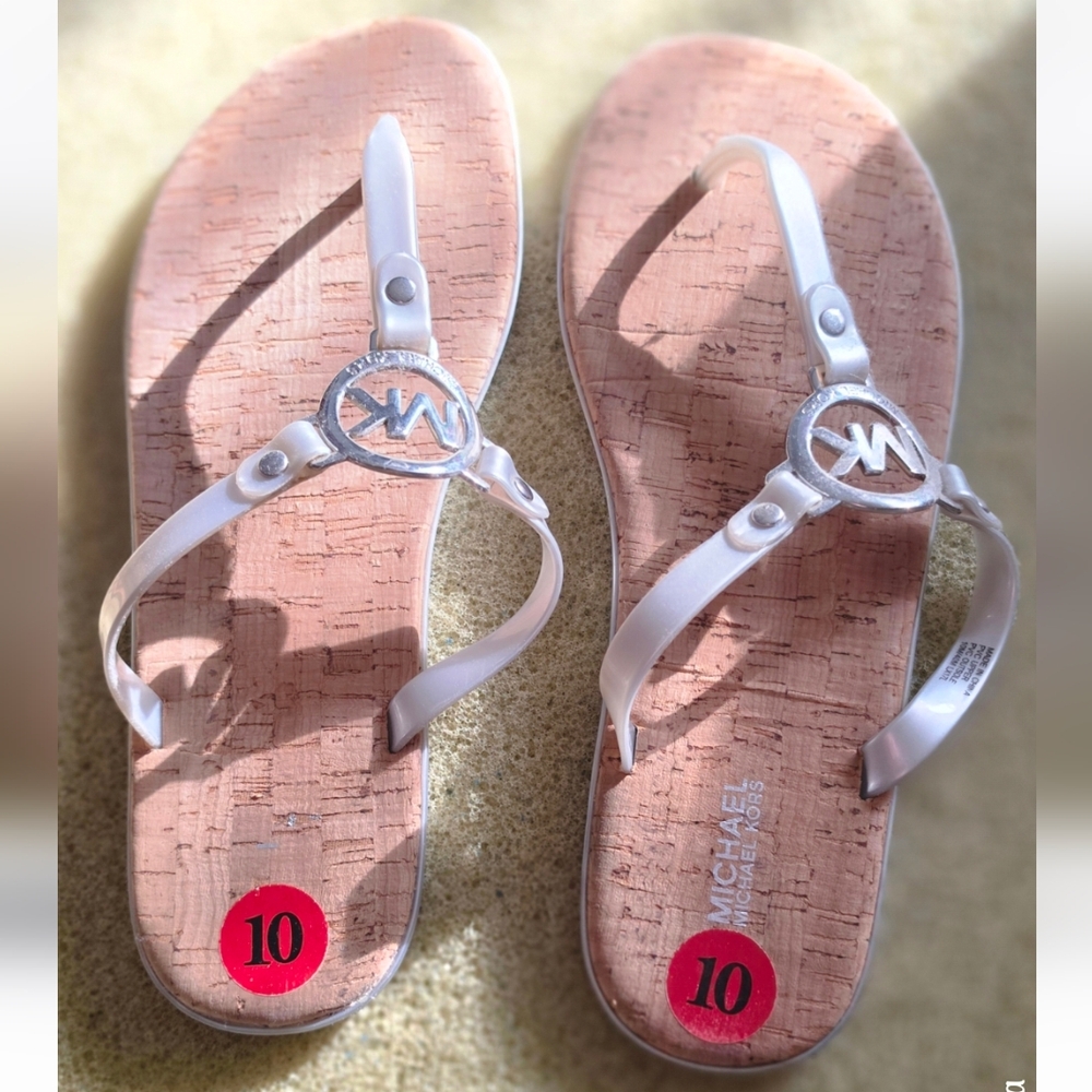 Michael Kors White Logo T-Strap Cork-Effect Sandals - Women